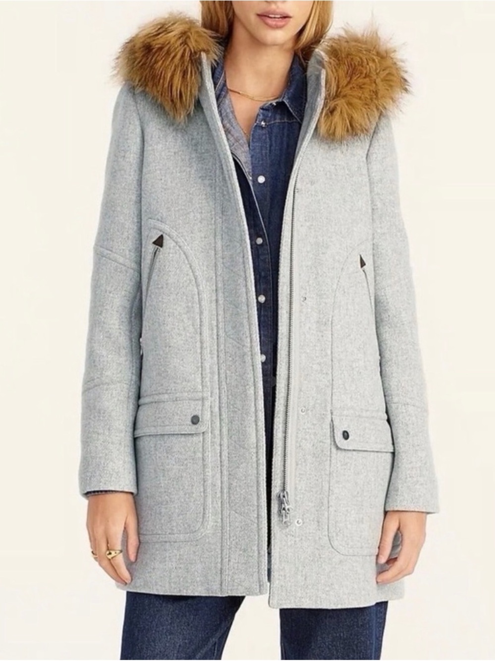 Jcrew Wool Chateau Parka with Removable Faux-Fur Trim - Light Gray
